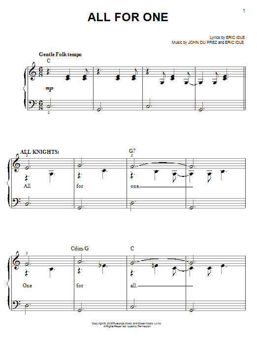 Monty Python's Spamalot All For One sheet music notes and chords. Download Printable PDF.