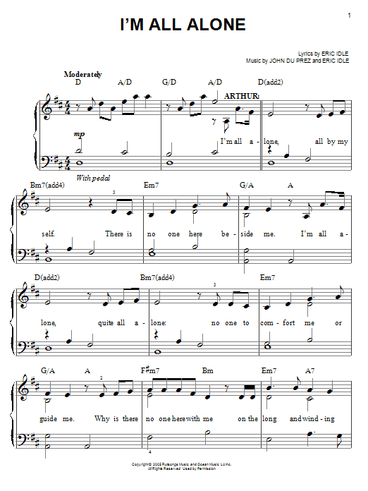 Monty Python's Spamalot I'm All Alone sheet music notes and chords. Download Printable PDF.