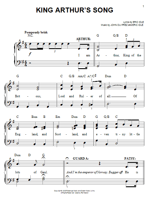 Monty Python's Spamalot King Arthur's Song sheet music notes and chords. Download Printable PDF.