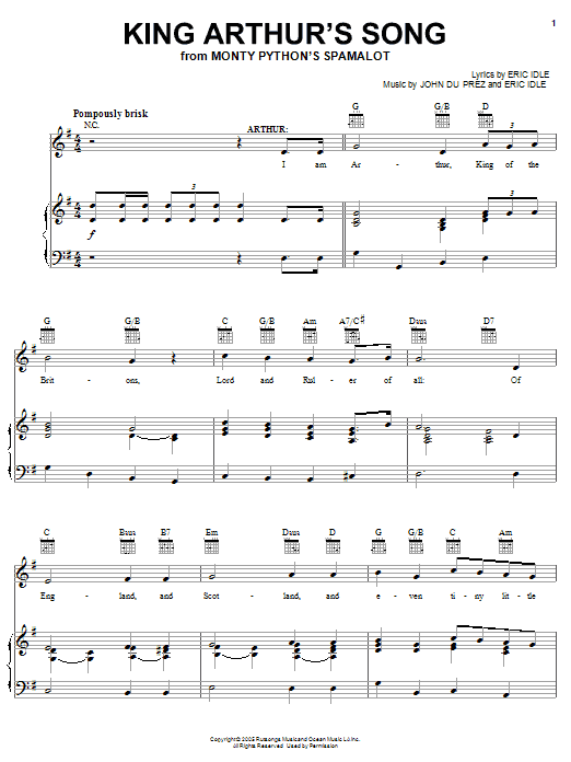 Learn to play Monty Python's Spamalot King Arthur's Song sheet music for Easy Piano in minutes. Monty Python's Spamalot King Arthur's Song sheet music notes and chords. Download Printable PDF.