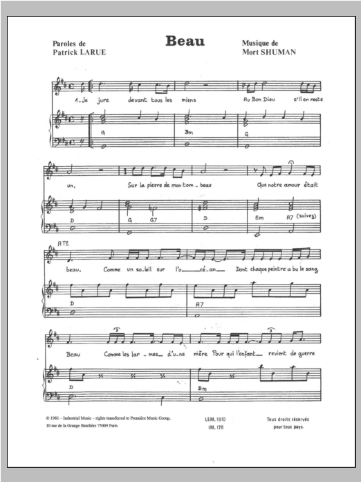 Mort Shuman Beau sheet music notes and chords. Download Printable PDF.