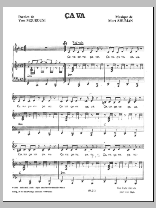 Mort Shuman Ca Va sheet music notes and chords. Download Printable PDF.