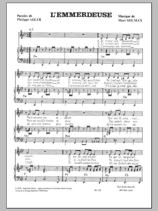 Mort Shuman L'emmerdeuse sheet music notes and chords. Download Printable PDF.