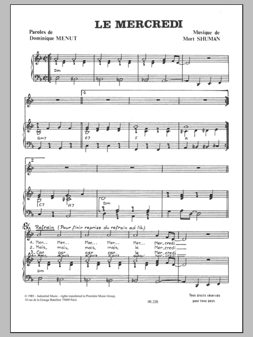 Mort Shuman Le Mercredi sheet music notes and chords. Download Printable PDF.