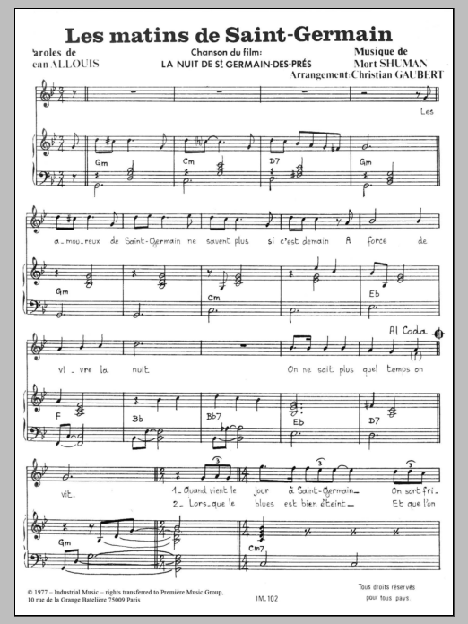 Mort Shuman Les Matins De Saint Germain Sheet Music Pdf Notes Chords Pop Score Piano Vocal Download Printable Sku 116471