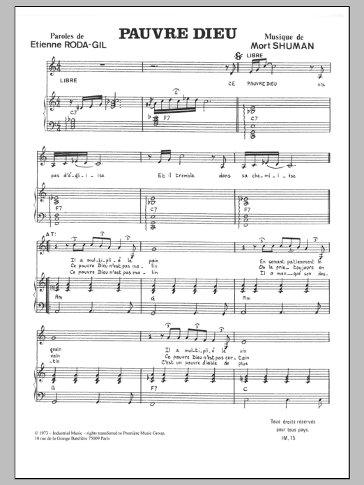 Mort Shuman Pauvre Dieu sheet music notes and chords. Download Printable PDF.