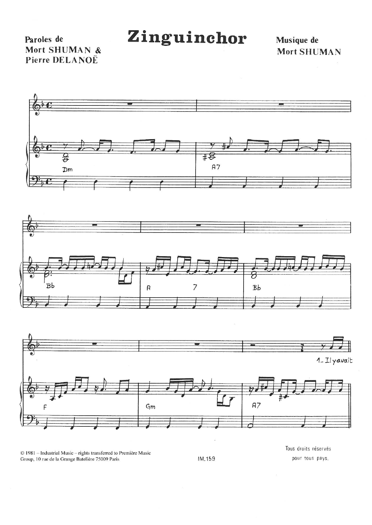 Mort Shuman Zinguinchor sheet music notes and chords. Download Printable PDF.