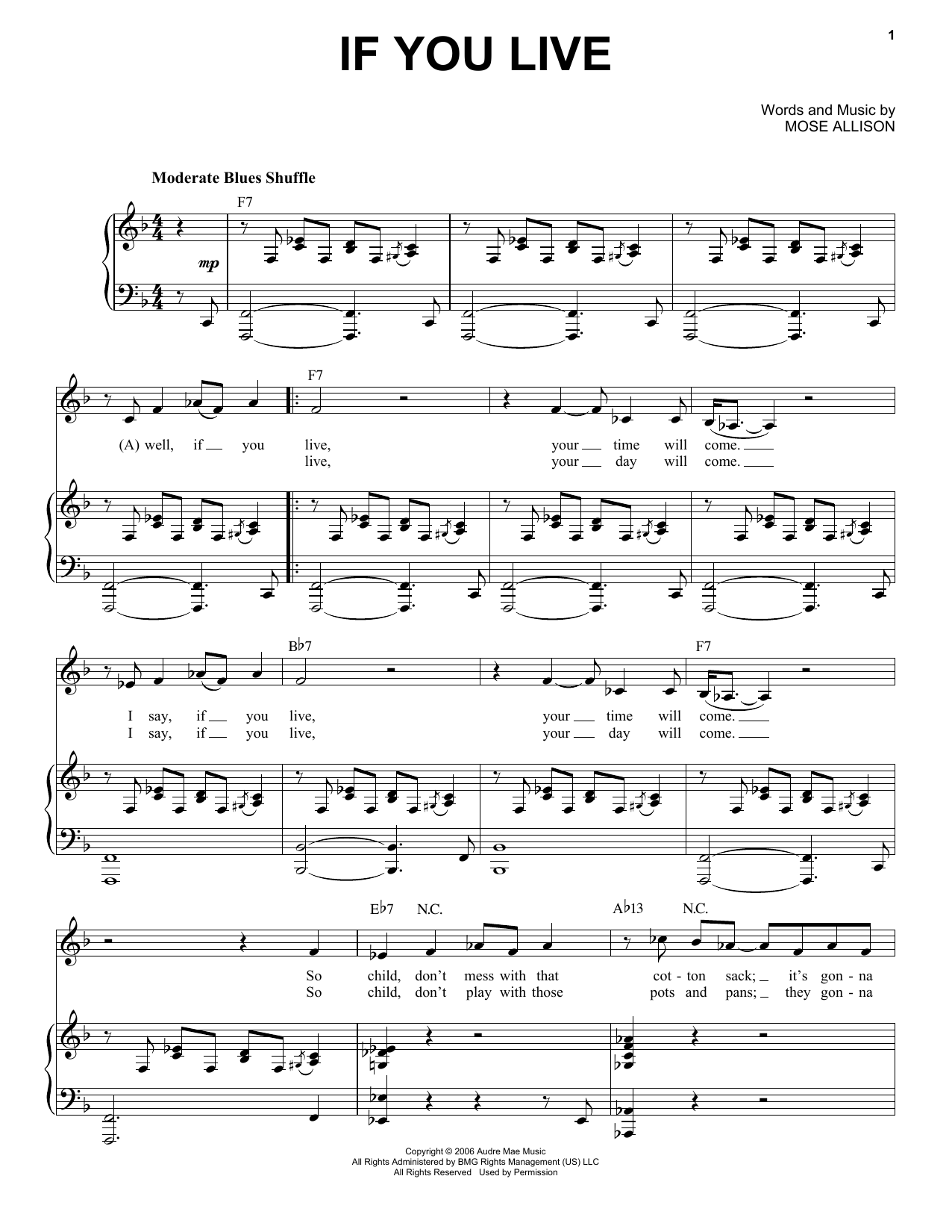 Mose Allison If You Live sheet music notes and chords. Download Printable PDF.