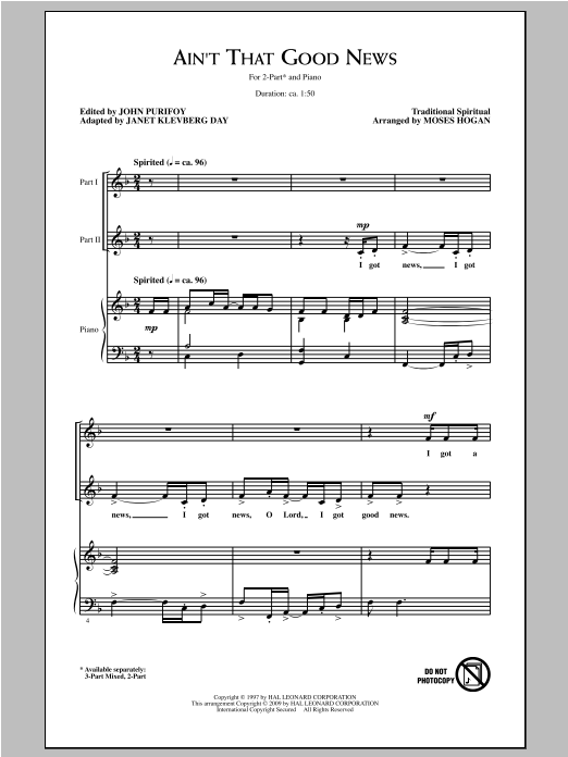 Learn to play Moses Hogan Ain't That Good News sheet music for 3-Part Mixed Choir in minutes. Price: 3.9900$ Moses Hogan Ain't That Good News sheet music notes and chords arranged for 3-Part Mixed Choir
