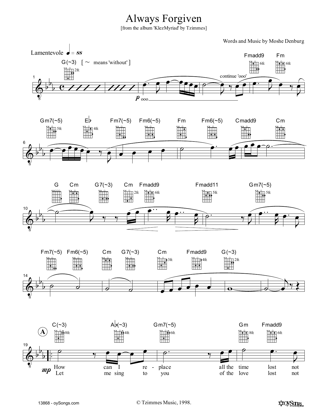 Moshe Denburg Always Forgiven sheet music notes and chords. Download Printable PDF.