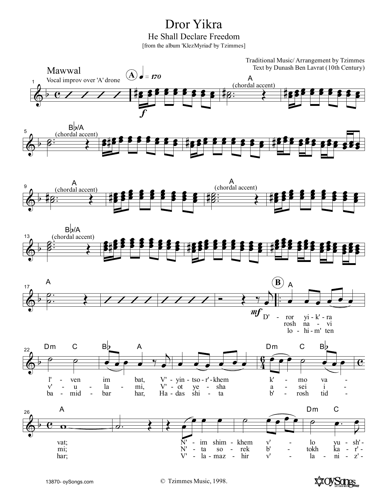 Moshe Denburg Dror Yikra sheet music notes and chords. Download Printable PDF.