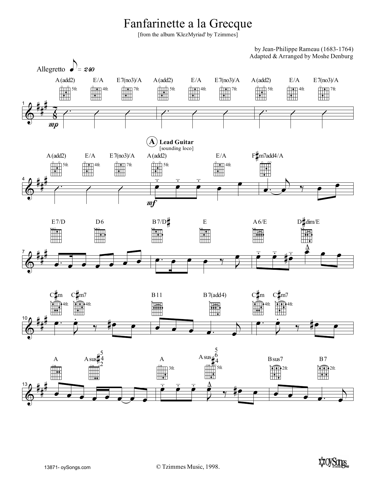 Learn to play Moshe Denburg Fanfarinette a la Grecque sheet music for Lead Sheet / Fake Book in minutes. Price: 5.9900$ Moshe Denburg Fanfarinette a la Grecque sheet music notes and chords arranged for Lead Sheet / Fake Book