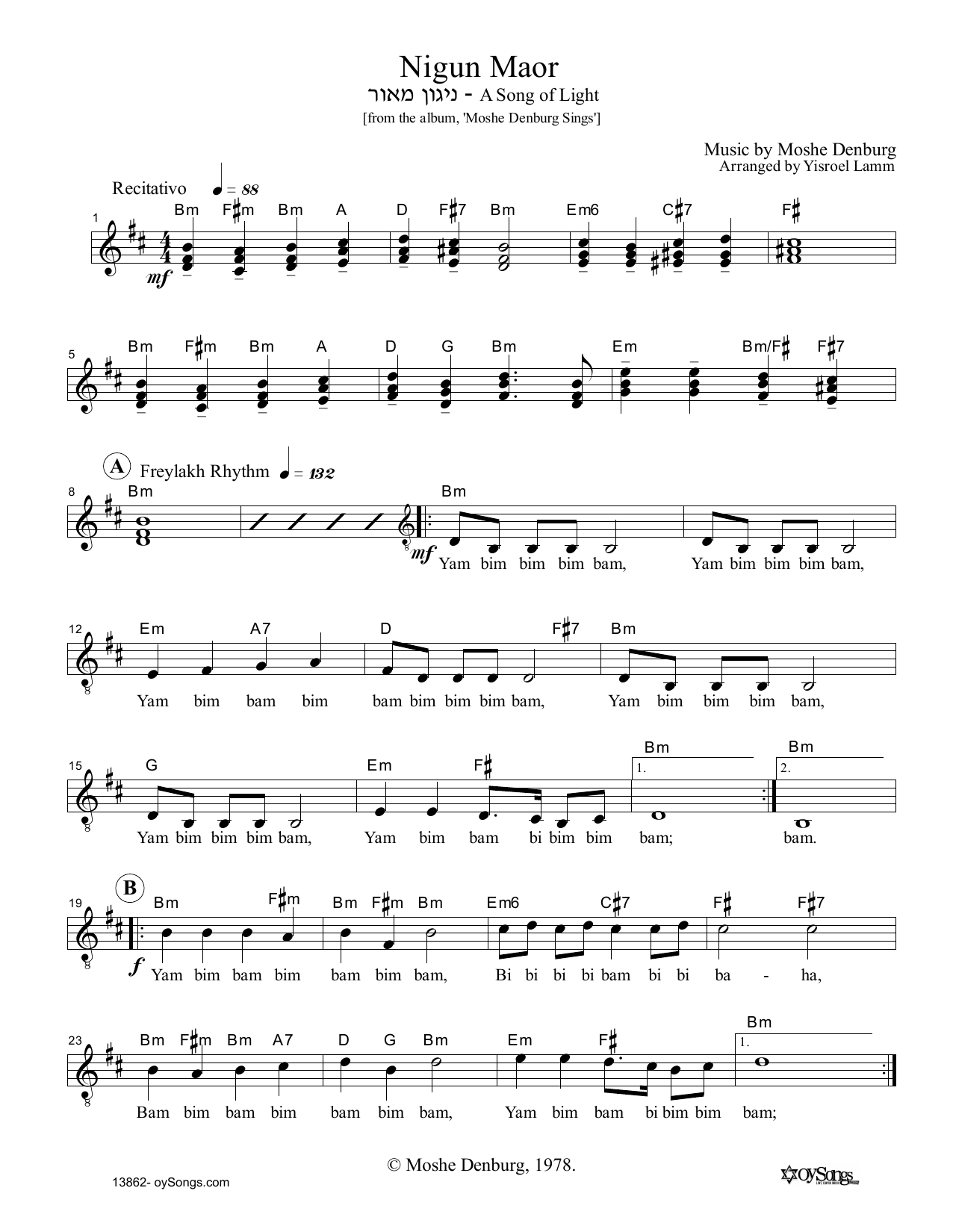 Moshe Denburg Nigun Maor sheet music notes and chords. Download Printable PDF.