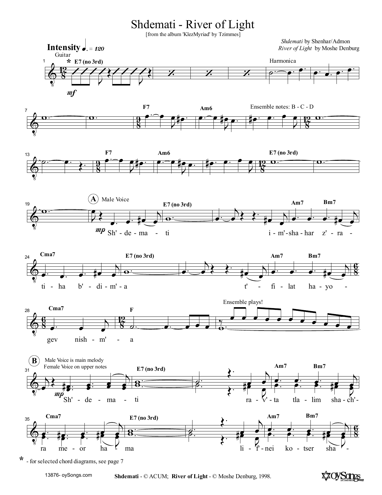 Learn to play Moshe Denburg Shdemati - River of Light sheet music for Lead Sheet / Fake Book in minutes. Price: 5.9900$ Moshe Denburg Shdemati - River of Light sheet music notes and chords arranged for Lead Sheet / Fake Book