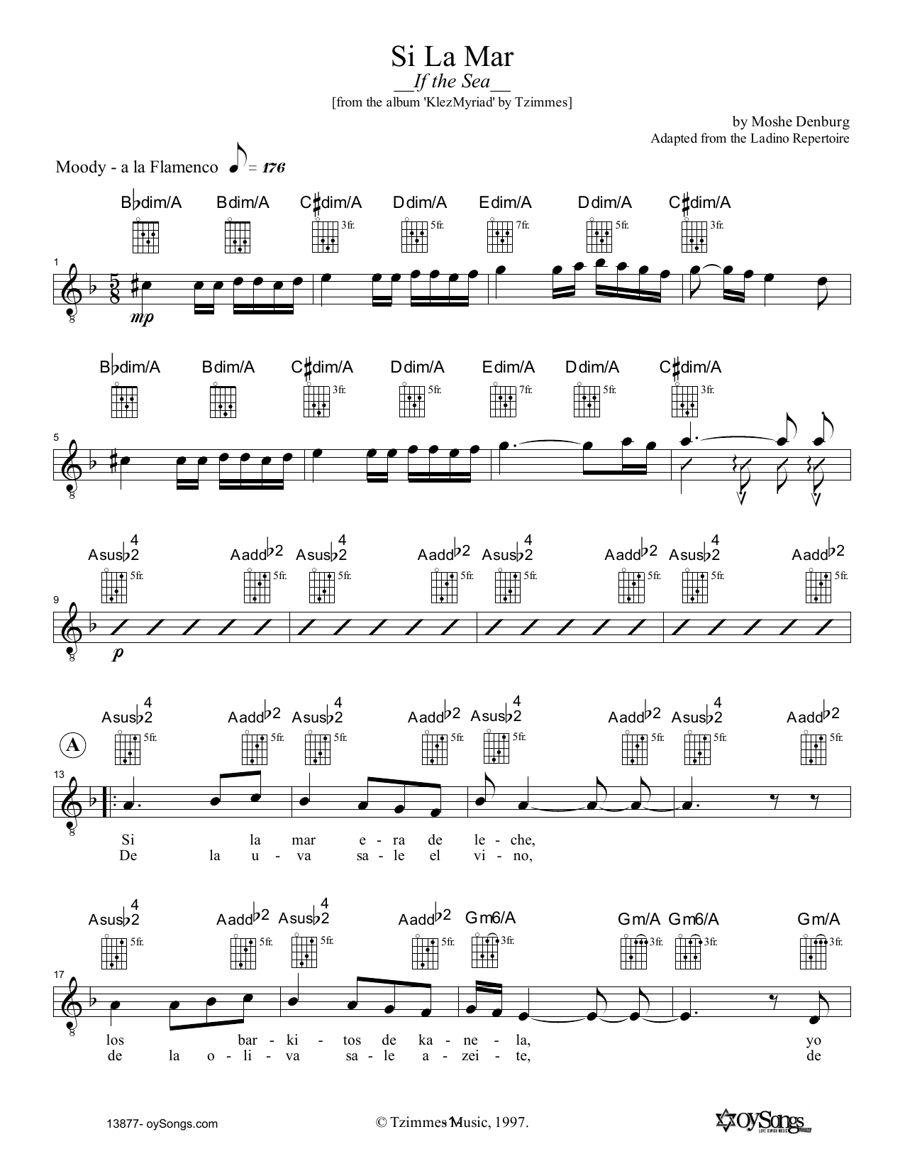 Moshe Denburg Si La Mar sheet music notes and chords. Download Printable PDF.