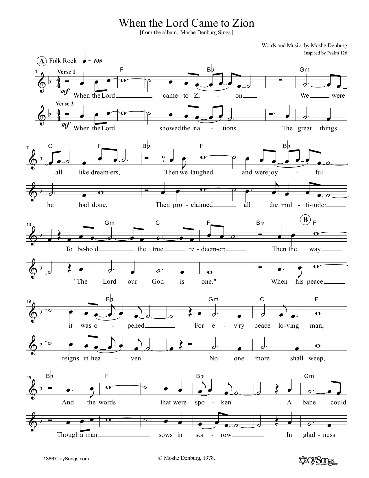 Learn to play Moshe Denburg When The Lord Came To Zion sheet music for Lead Sheet / Fake Book in minutes. Price: 5.9900$ Moshe Denburg When The Lord Came To Zion sheet music notes and chords arranged for Lead Sheet / Fake Book