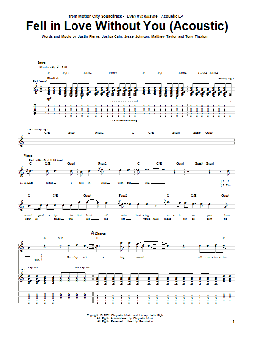 Learn to play Motion City Soundtrack Fell In Love Without You (Acoustic Version) sheet music for Guitar Tab in minutes. Price: 7.8900$ Motion City Soundtrack Fell In Love Without You (Acoustic Version) sheet music notes and chords arranged for Guitar Tab