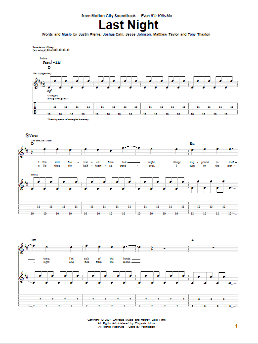 Motion City Soundtrack 'Last Night' Sheet Music, Chords & Lyrics