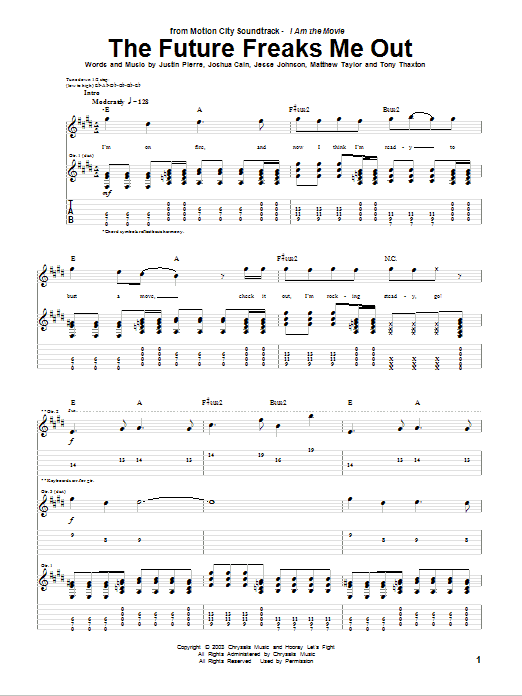 Learn to play Motion City Soundtrack The Future Freaks Me Out sheet music for Guitar Tab in minutes. Price: 7.8900$ Motion City Soundtrack The Future Freaks Me Out sheet music notes and chords arranged for Guitar Tab