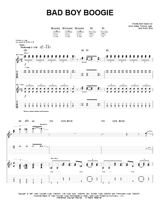 Motley Crue Bad Boy Boogie sheet music notes and chords. Download Printable PDF.