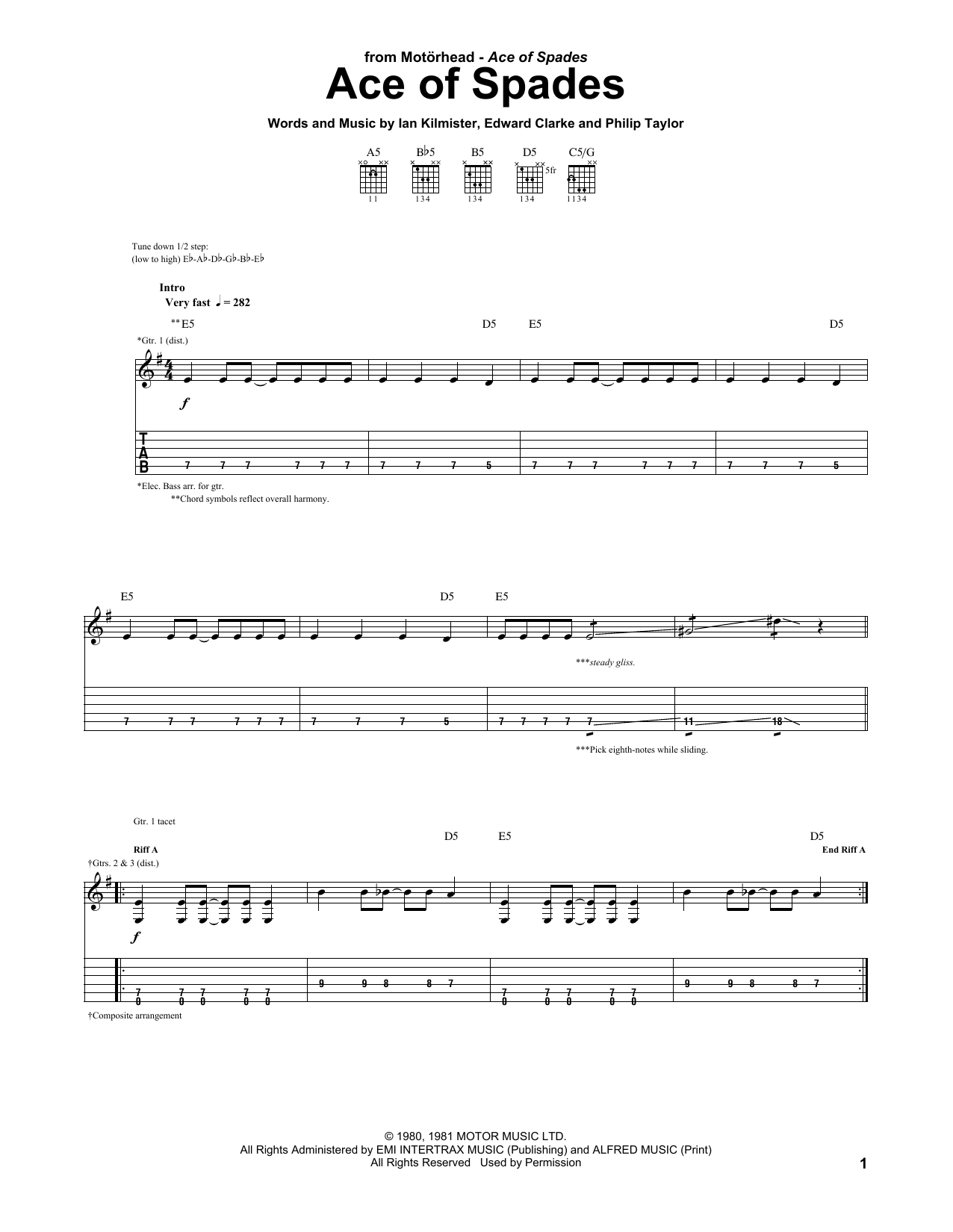 Motorhead Ace Of Spades sheet music notes and chords. Download Printable PDF.