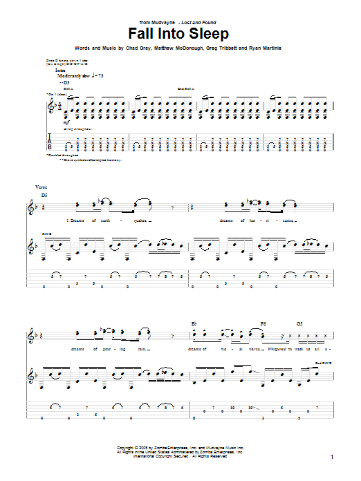 Mudvayne Fall Into Sleep sheet music notes and chords. Download Printable PDF.