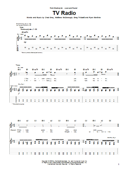 Mudvayne TV Radio sheet music notes and chords. Download Printable PDF.