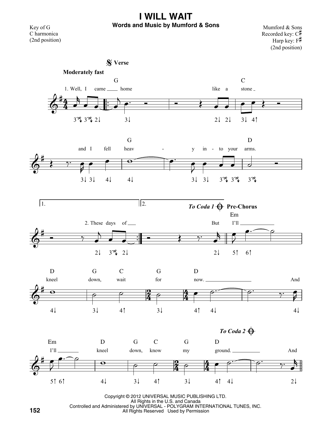 Mumford & Sons I Will Wait sheet music notes and chords. Download Printable PDF.