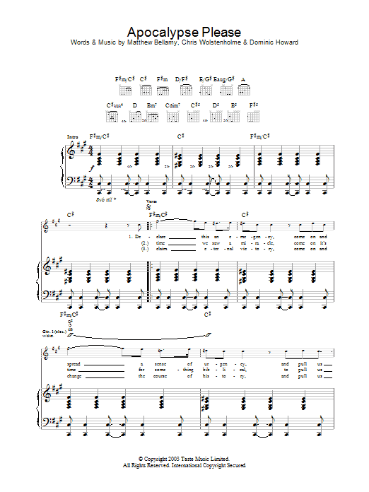 Muse Apocalypse Please sheet music notes and chords. Download Printable PDF.