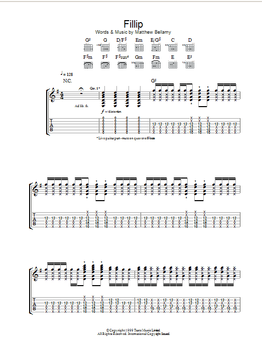 Muse Fillip sheet music notes and chords arranged for Guitar Tab