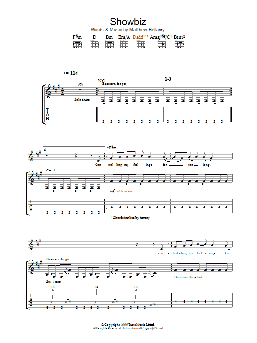 Muse Showbiz sheet music notes and chords. Download Printable PDF.