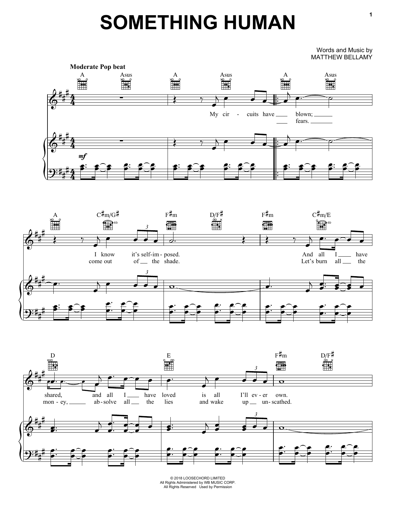 Muse Something Human sheet music notes and chords. Download Printable PDF.