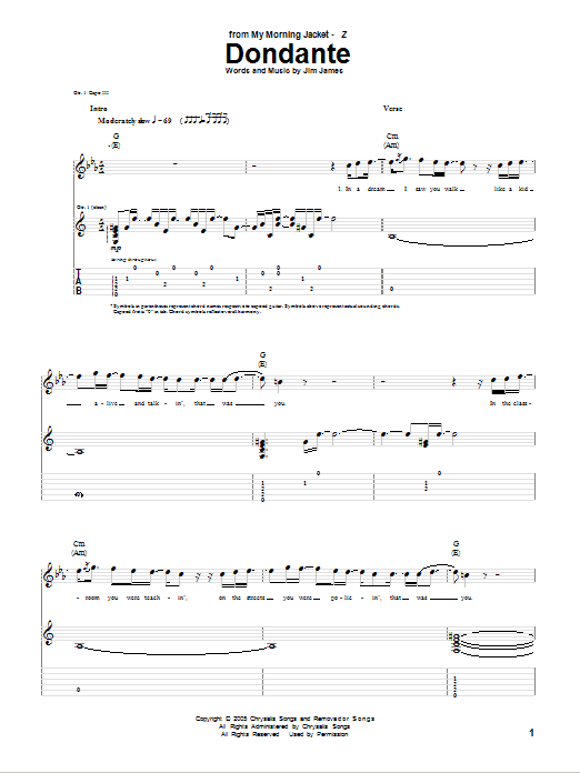 Learn to play My Morning Jacket Dondante sheet music for Guitar Tab in minutes. Price: 7.8900$ My Morning Jacket Dondante sheet music notes and chords arranged for Guitar Tab