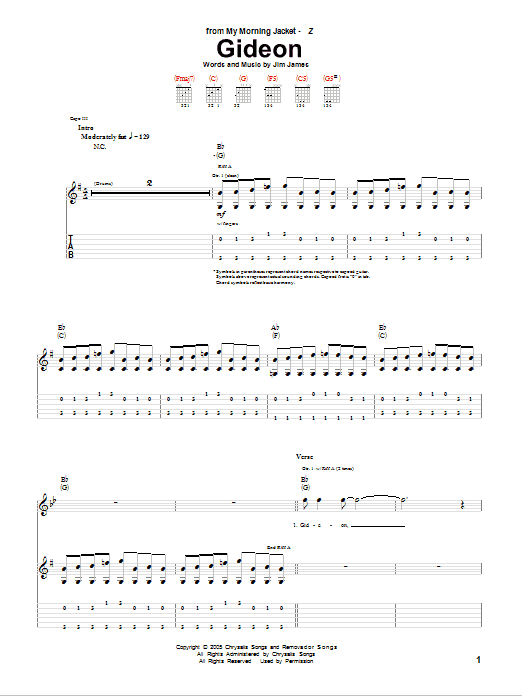 Learn to play My Morning Jacket Gideon sheet music for Guitar Tab in minutes. Price: 7.8900$ My Morning Jacket Gideon sheet music notes and chords arranged for Guitar Tab