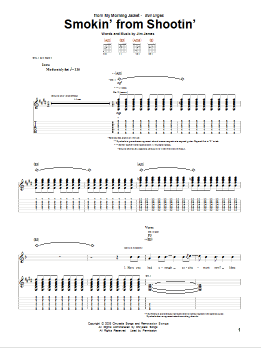 Learn to play My Morning Jacket Smokin' From Shootin' sheet music for Guitar Tab in minutes. My Morning Jacket Smokin' From Shootin' sheet music notes and chords. Download Printable PDF.