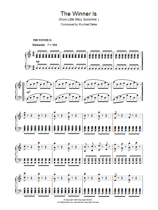 Mychael Danna The Winner Is From Little Miss Sunshine Sheet Music Pdf Notes Chords Film Tv Score Piano Solo Download Printable Sku 38319