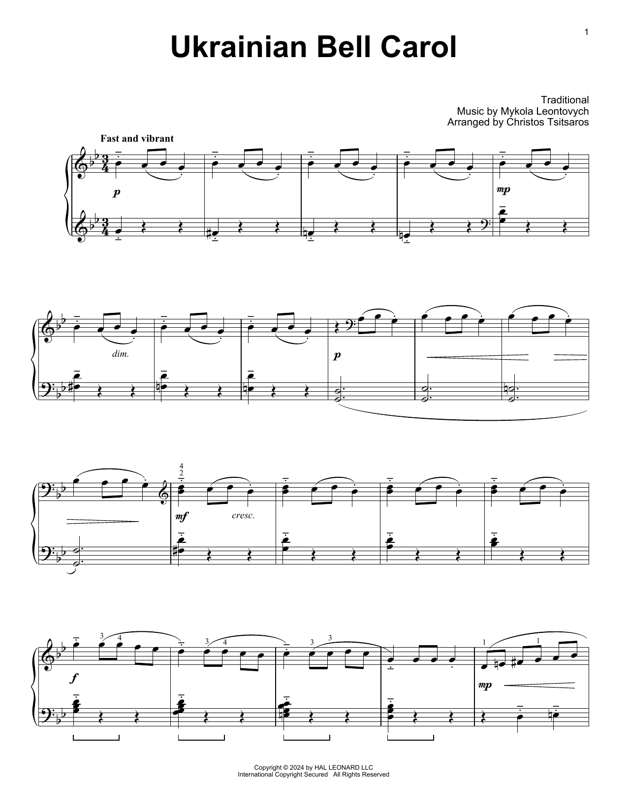 Mykola Leontovych Ukrainian Bell Carol (arr. Christos Tsitsaros) sheet music notes and chords. Download Printable PDF.