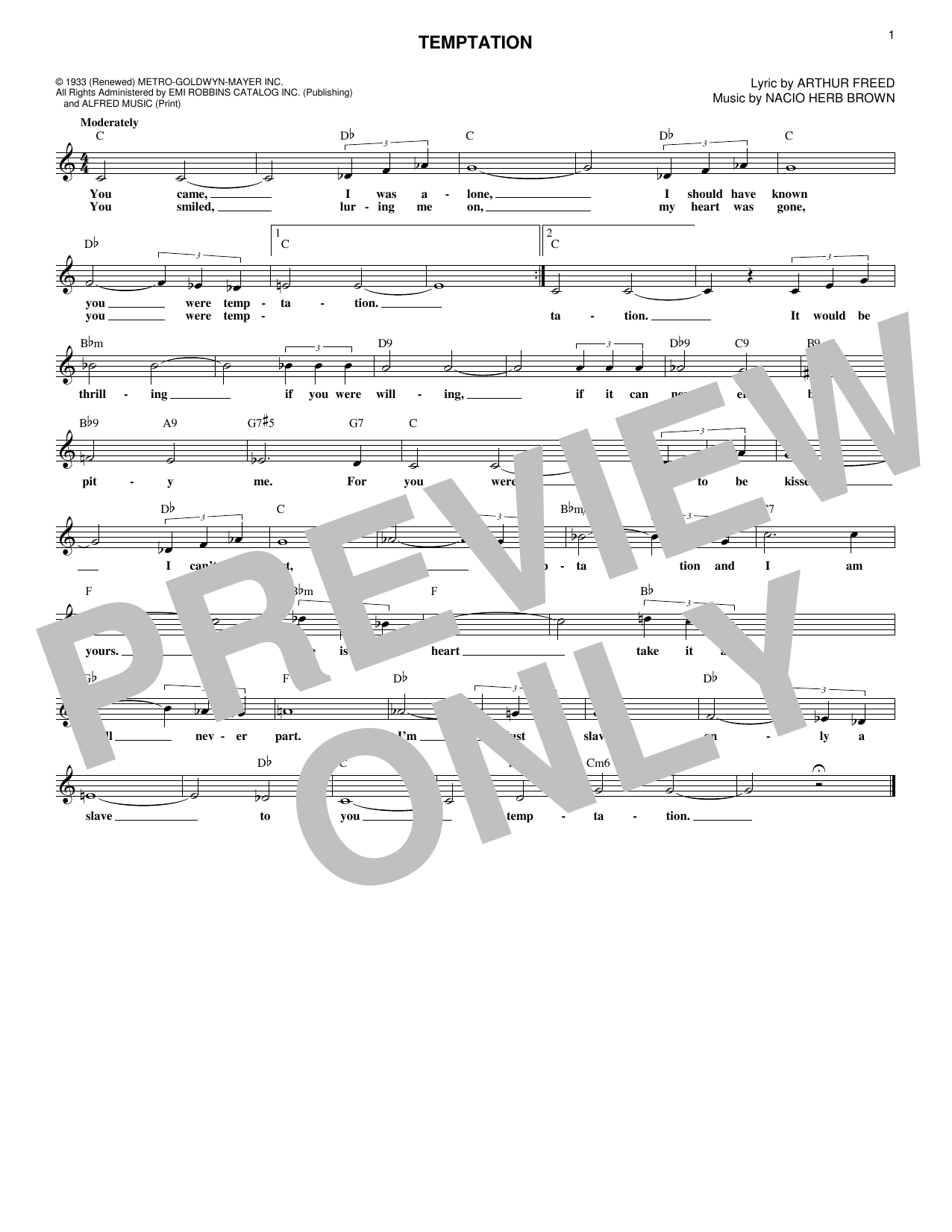 Learn to play Nacio Herb Brown Temptation sheet music for Lead Sheet / Fake Book in minutes. Nacio Herb Brown Temptation sheet music notes and chords. Download Printable PDF.