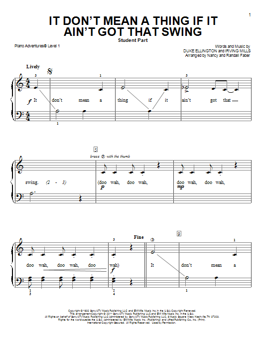 Learn to play Nancy and Randall Faber It Don't Mean a Thing If It Ain't Got That Swing sheet music for Piano Adventures in minutes. Price: 4.4900$ Nancy and Randall Faber It Don't Mean a Thing If It Ain't Got That Swing sheet music notes and chords arranged for Piano Adventures