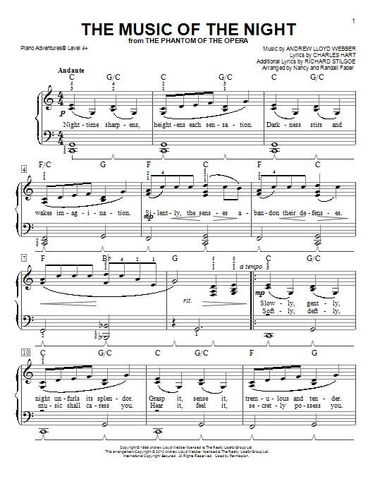 Learn to play Nancy and Randall Faber The Music Of The Night sheet music for Piano Adventures in minutes. Price: 7.8900$ Nancy and Randall Faber The Music Of The Night sheet music notes and chords. Download Printable PDF.