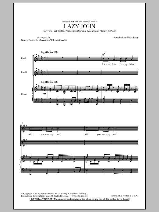 Nancy Boone Allsbrook Lazy John sheet music notes and chords. Download Printable PDF.