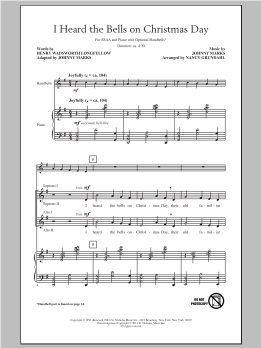 Learn to play Nancy Grundahl I Heard The Bells On Christmas Day sheet music for SSA Choir in minutes. Price: 3.9900$ Nancy Grundahl I Heard The Bells On Christmas Day sheet music notes and chords arranged for SSA Choir