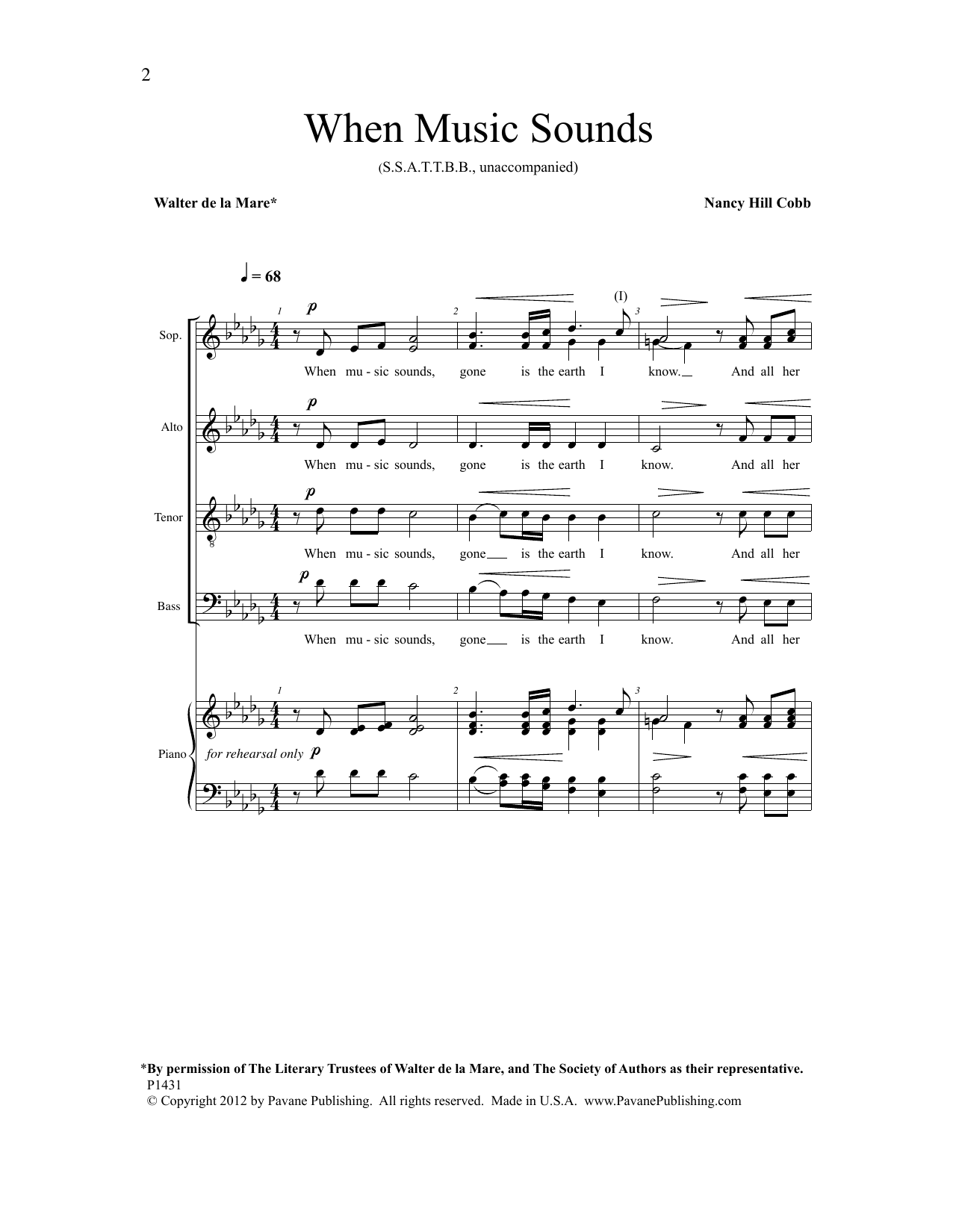 Learn to play Nancy Hill Cobb When Music Sounds sheet music for SSATTBB in minutes. Price: 3.9900$ Nancy Hill Cobb When Music Sounds sheet music notes and chords arranged for SSATTBB