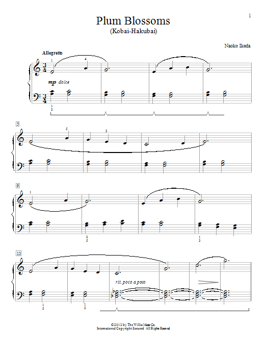 Learn to play Naoko Ikeda Plum Blossoms (Kobai-Hakubai) sheet music for Educational Piano in minutes. Naoko Ikeda Plum Blossoms (Kobai-Hakubai) sheet music notes and chords. Download Printable PDF.