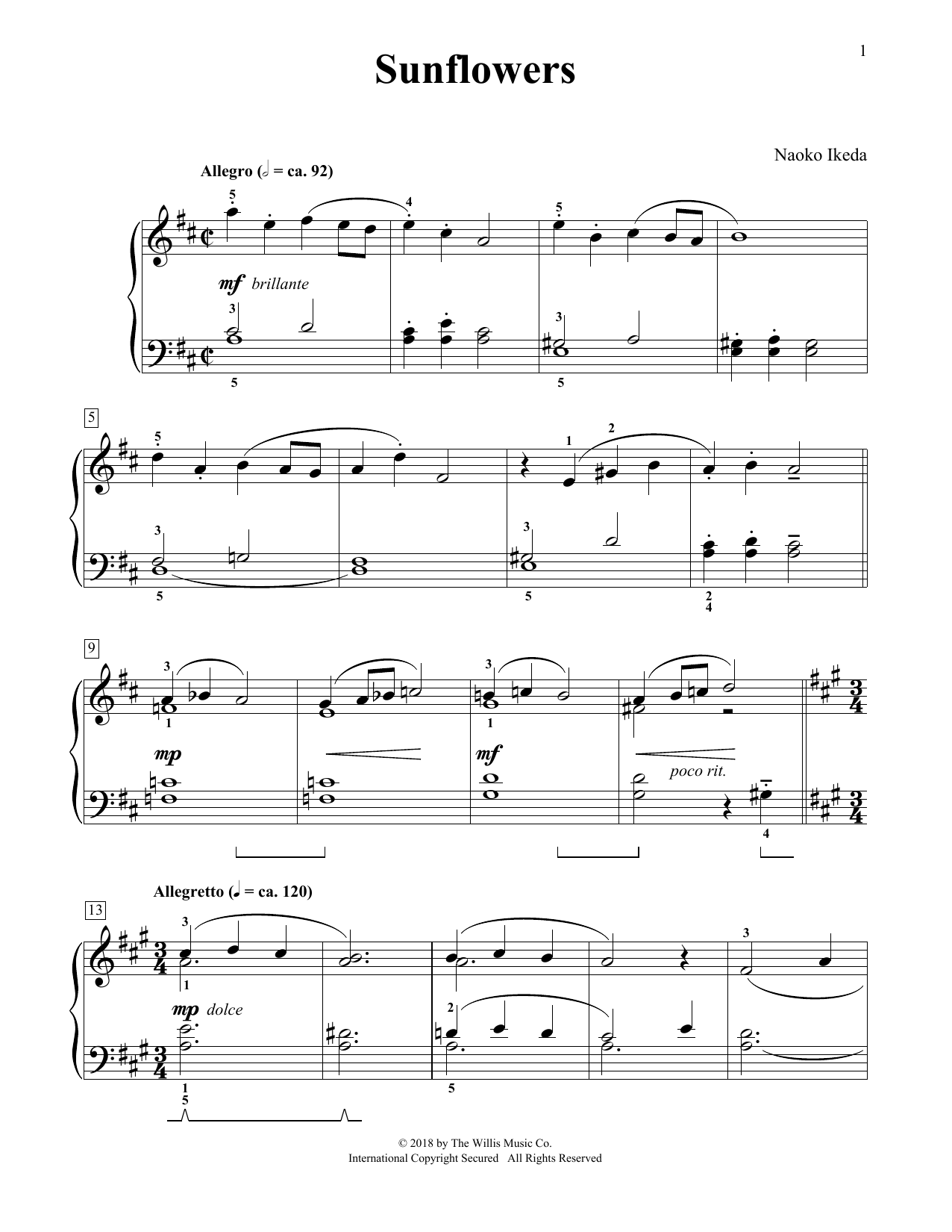 Naoko Ikeda Sunflowers sheet music notes and chords. Download Printable PDF.