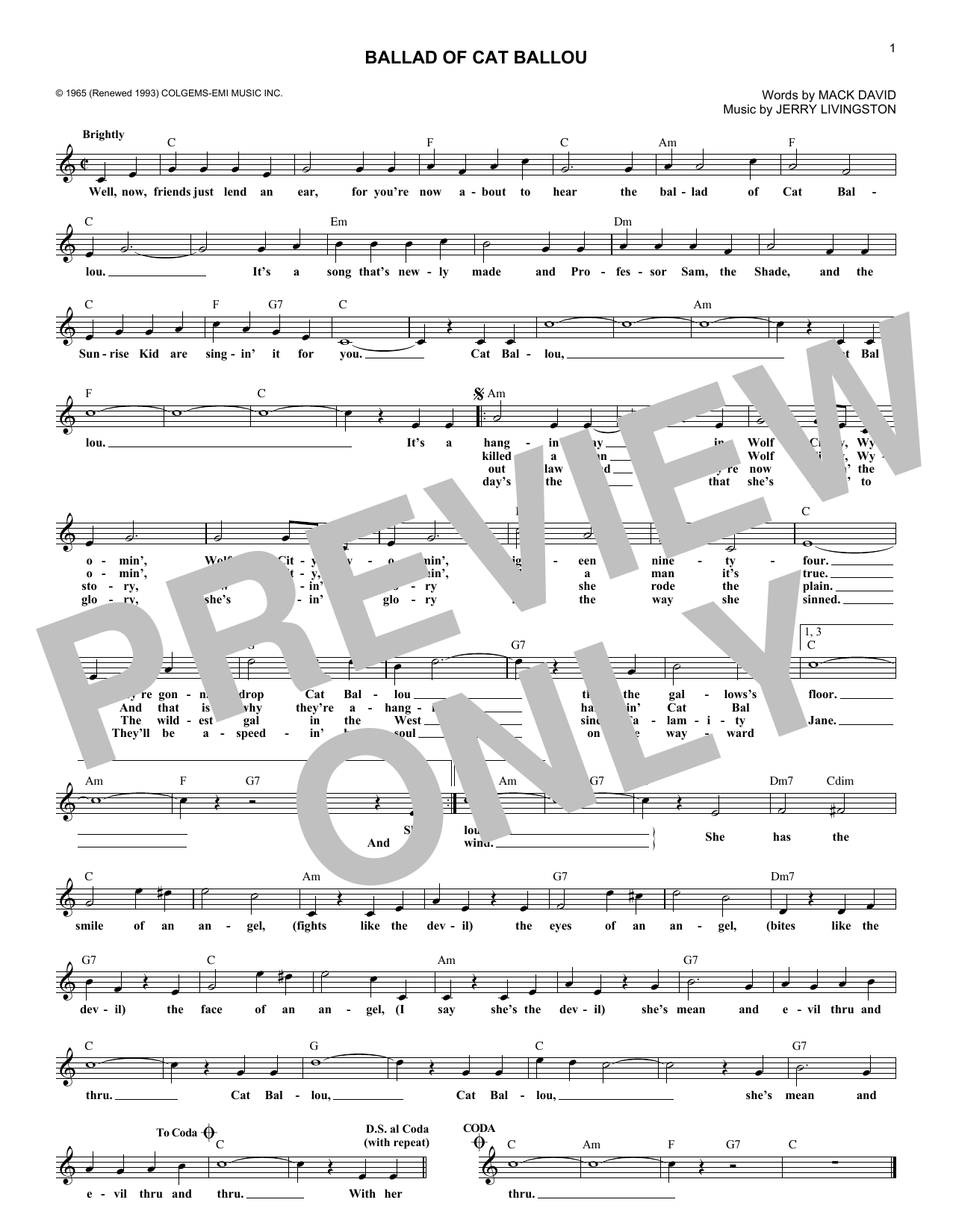 Nat King Cole Ballad Of Cat Ballou Sheet Music Pdf Notes Chords Film Tv Score Lead Sheet Fake Book Download Printable Sku 181851