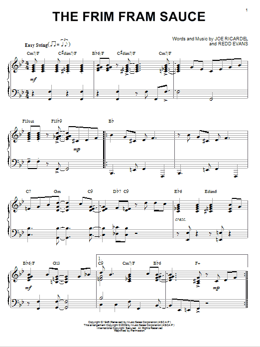 Learn to play Nat King Cole The Frim Fram Sauce (arr. Brent Edstrom) sheet music for Piano Solo in minutes. Nat King Cole The Frim Fram Sauce (arr. Brent Edstrom) sheet music notes and chords