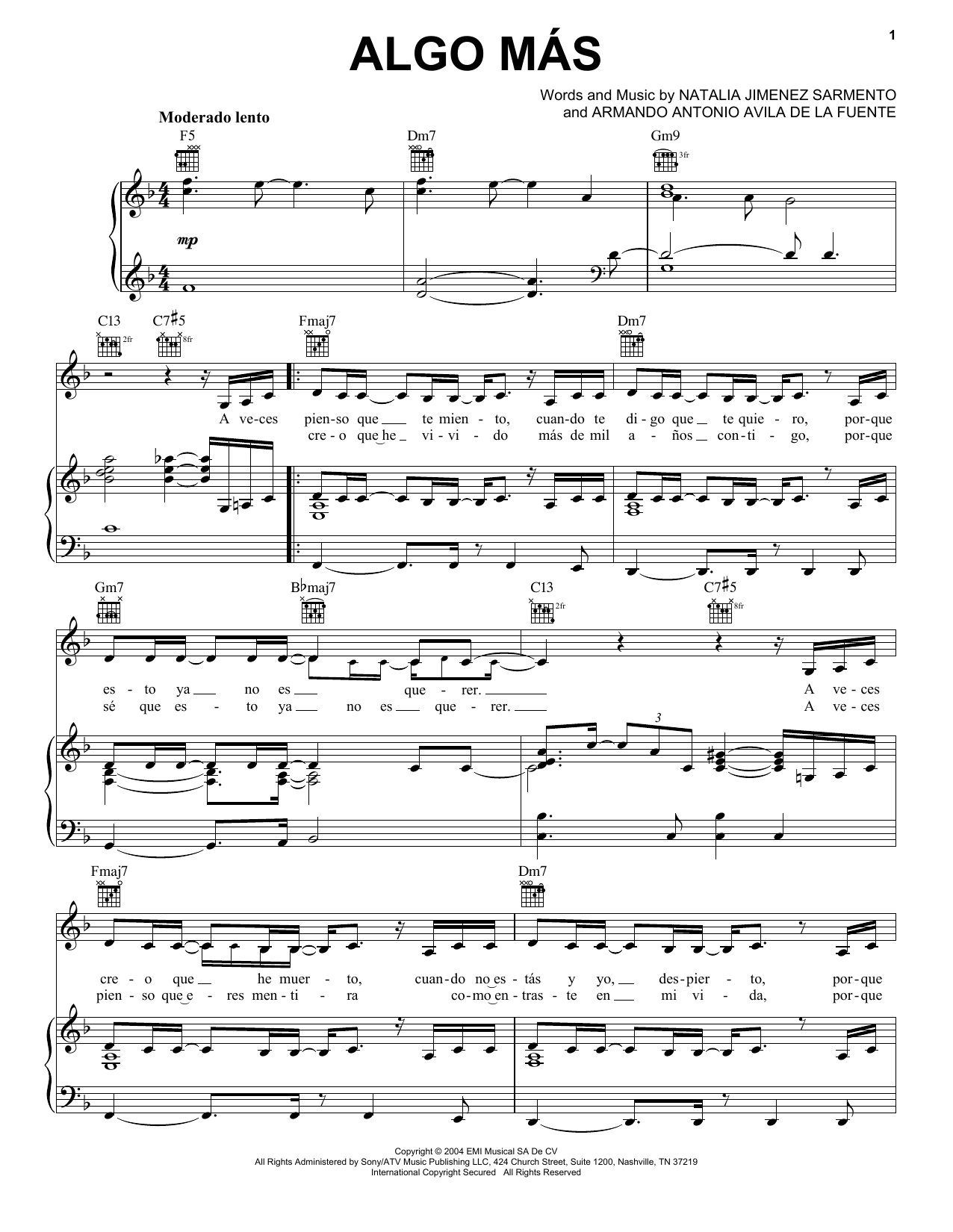 Natalia Jimenez Sarmiento Algo Mas sheet music notes and chords. Download Printable PDF.