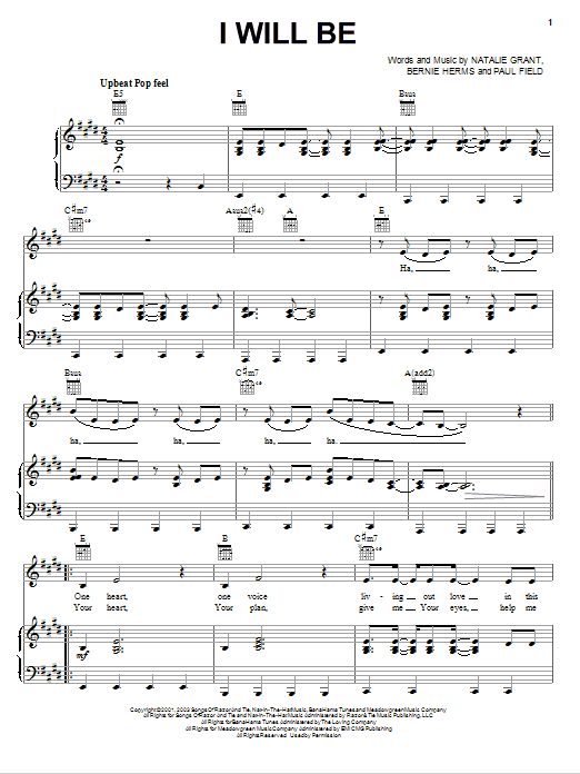 Learn to play Natalie Grant I Will Be sheet music for Piano, Vocal & Guitar Chords (Right-Hand Melody) in minutes. Price: 6.9900$ Natalie Grant I Will Be sheet music notes and chords arranged for Piano, Vocal & Guitar Chords (Right-Hand Melody)