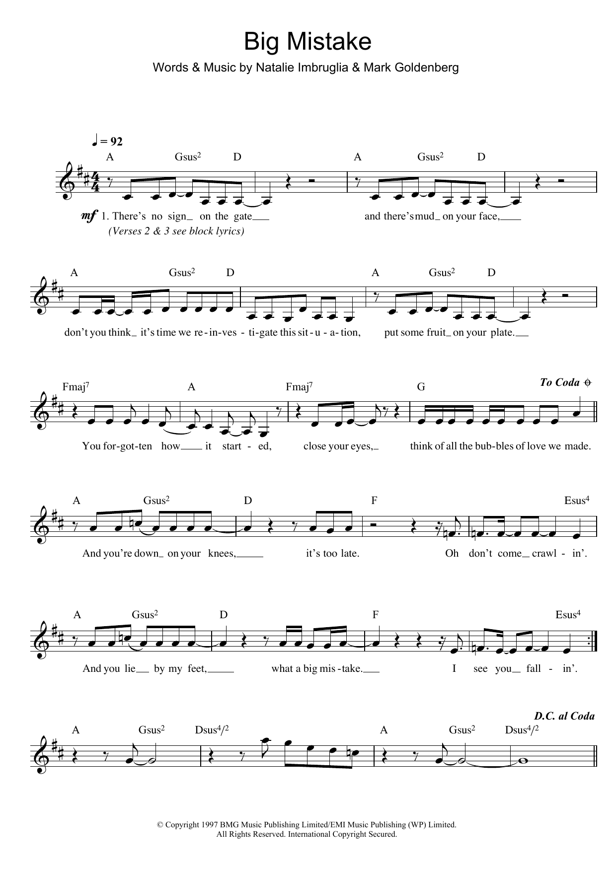 Natalie Imbruglia Big Mistake sheet music notes and chords. Download Printable PDF.